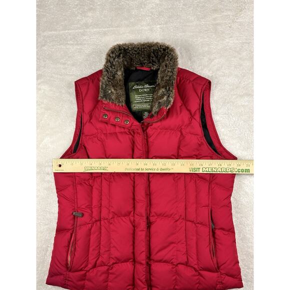 Eddie Bauer Goose Down Puffer Vest Womens Sz Large Red Quilted Faux Fur Collar - Picture 4 of 6